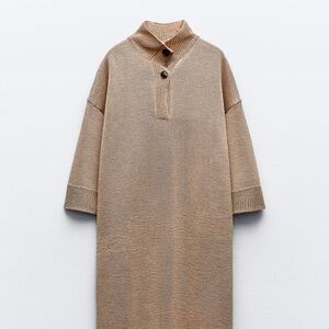 Zara Tan Midi Dress With Slits‎ 1/4 Buttons Collar Modest Size Small